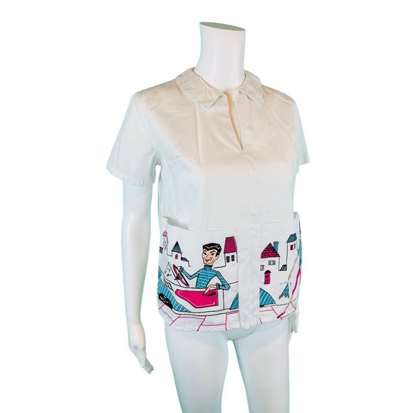 Vintage 60s Novelty Blouse Womens Small Printed Dream Pockets Girl Shirts - Picture 6 of 10